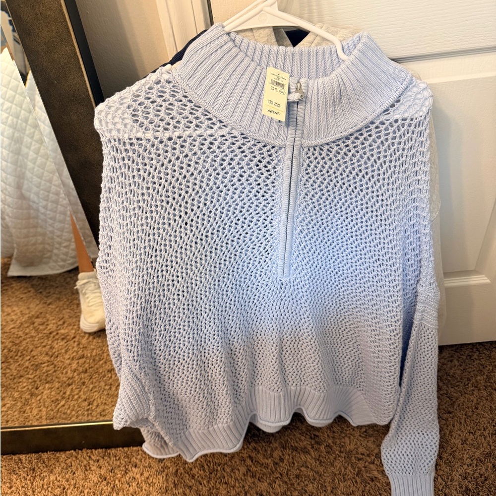 aerie Light Blue Open-Knit Half-Zip Turtleneck Sweater